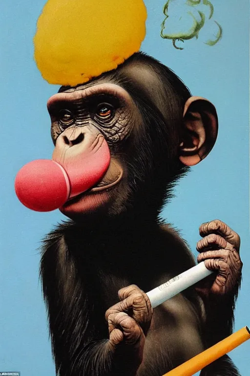 Prompt: a chimp in a clown suit smoking a cigarette, painted by Norman Rockwell