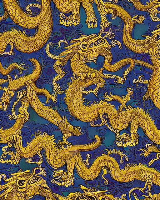 Prompt: an ornate dragon dancing repeating versace pattern, digital art, illustrated by james gurney and victo ngai