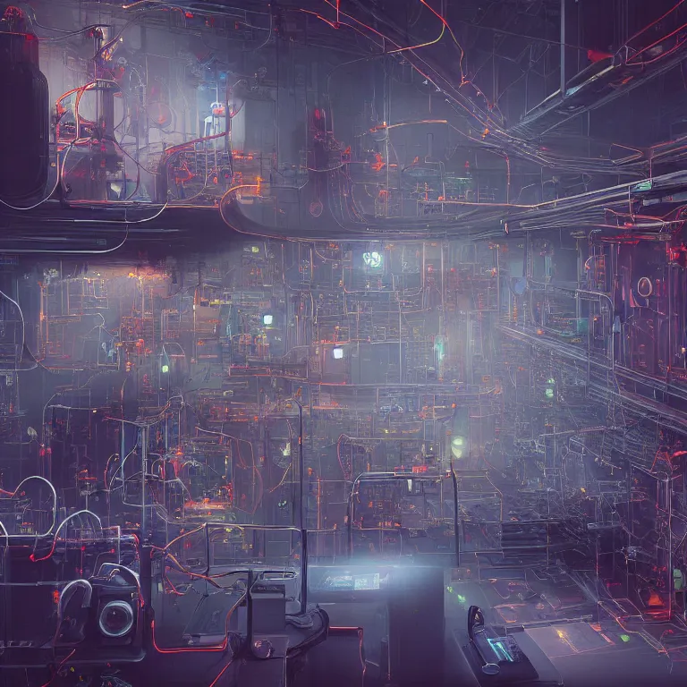 Image similar to the nexus of a vast modern computing center and a mad alchemist\'s lab with exposed circuit boards, nixie tubes and tesla coils. immaculate octane redshift concept art render by Zdzisław Beksiński and beeple, beautiful modern colors, ultradetailed, 4k ultra