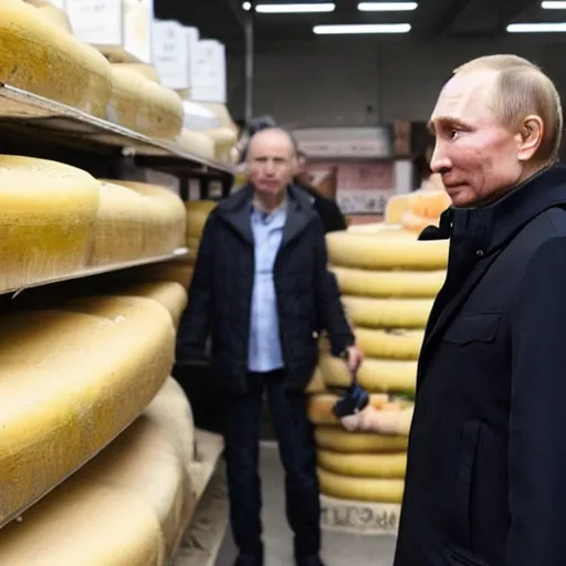 Image similar to close up of vladimir putin visiting a cheese market