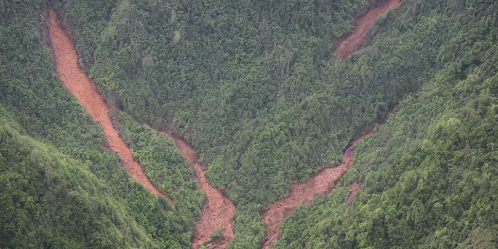 Prompt: highly detailed photo of an mudslide on the side of a mountain, cloudy day, large river, forests covers all over the valley