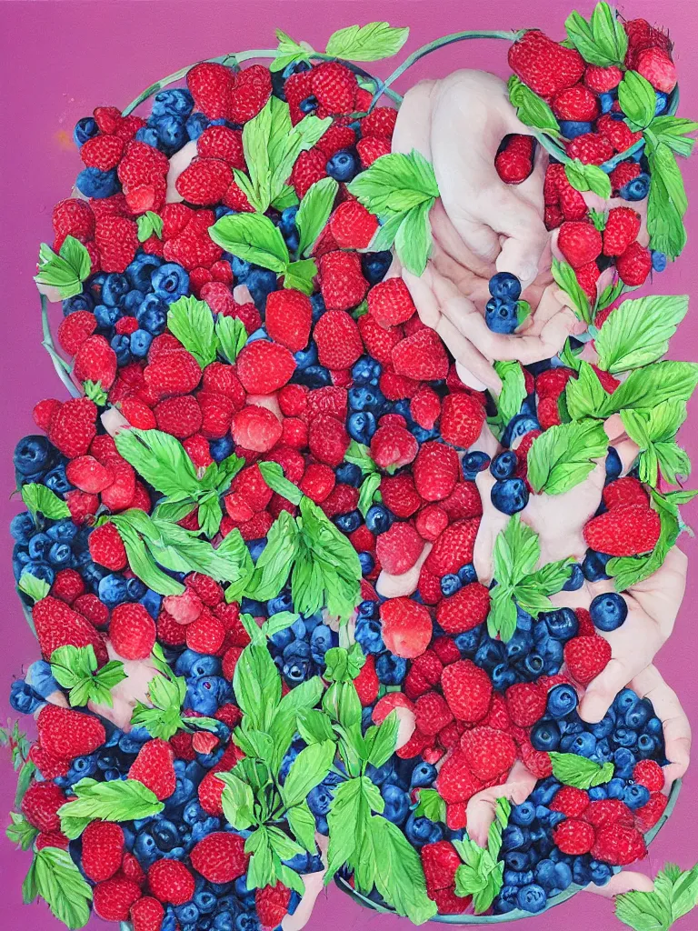 Image similar to “organic, a woman’s hands holding fresh raspberries and strawberries and blueberries, edible flowers, acrylic and spray paint and oilstick on canvas”