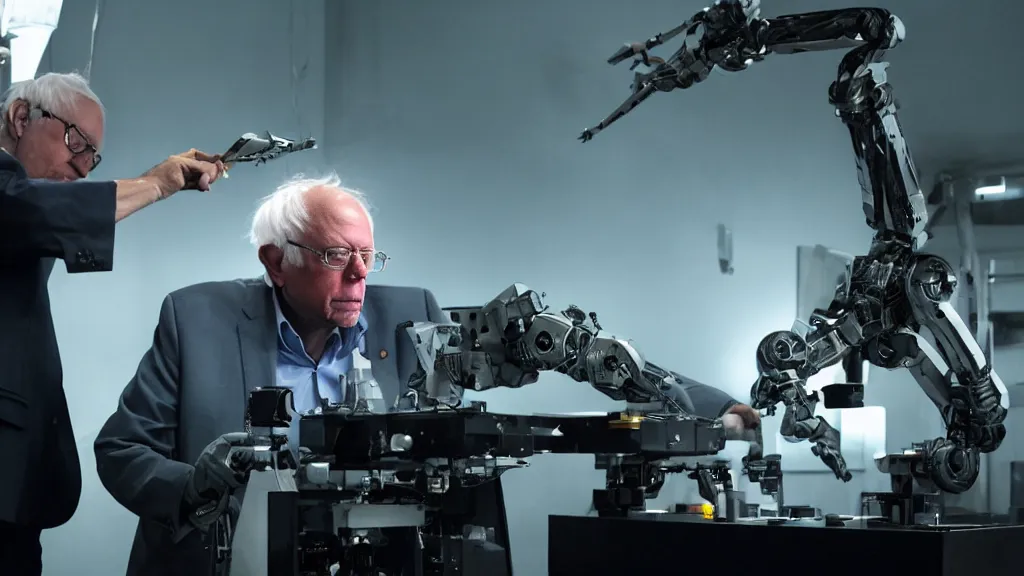 Prompt: bernie sanders putting the finishing touches on a small weaponized robot, cinematic moody lighting, smoky laboratory, sharp focus, imax