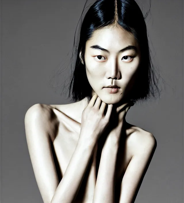 Image similar to photography facial portrait of liu wen, natural background, natural pose, wearing stunning cape by iris van herpen, with a colorfull makeup. highly detailed, skin grain detail, photography by paolo roversi, nick knight, helmut newton, avedon, araki