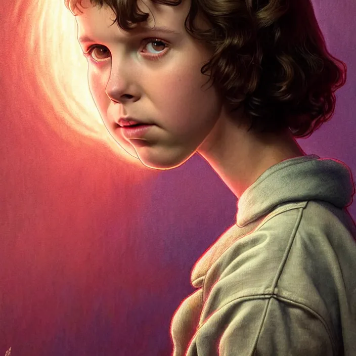 Prompt: Millie Bobbie Brown in Stranger Things as Eleven, diffuse lighting, fantasy, intricate, elegant, highly detailed, lifelike, photorealistic, digital painting, artstation, illustration, concept art, smooth, sharp focus, art by John Collier and Albert Aublet and Krenz Cushart and Artem Demura and Alphonse Mucha