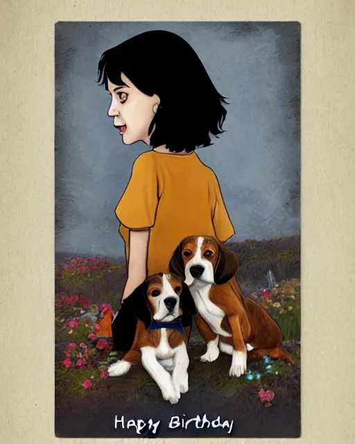 Image similar to happy birthday postcard in a style of Neil Gaiman book , black haired girl holding a beagle puppy, trending on artstation, 8k, highly detailed