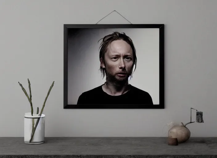 Image similar to photograph of print of thom yorke picture on a table, hyper realistic, variations of thom yorke, forest, high quality photograph, mixed styles, intricate details, diverse colors, deep emotional impact, photograph of print