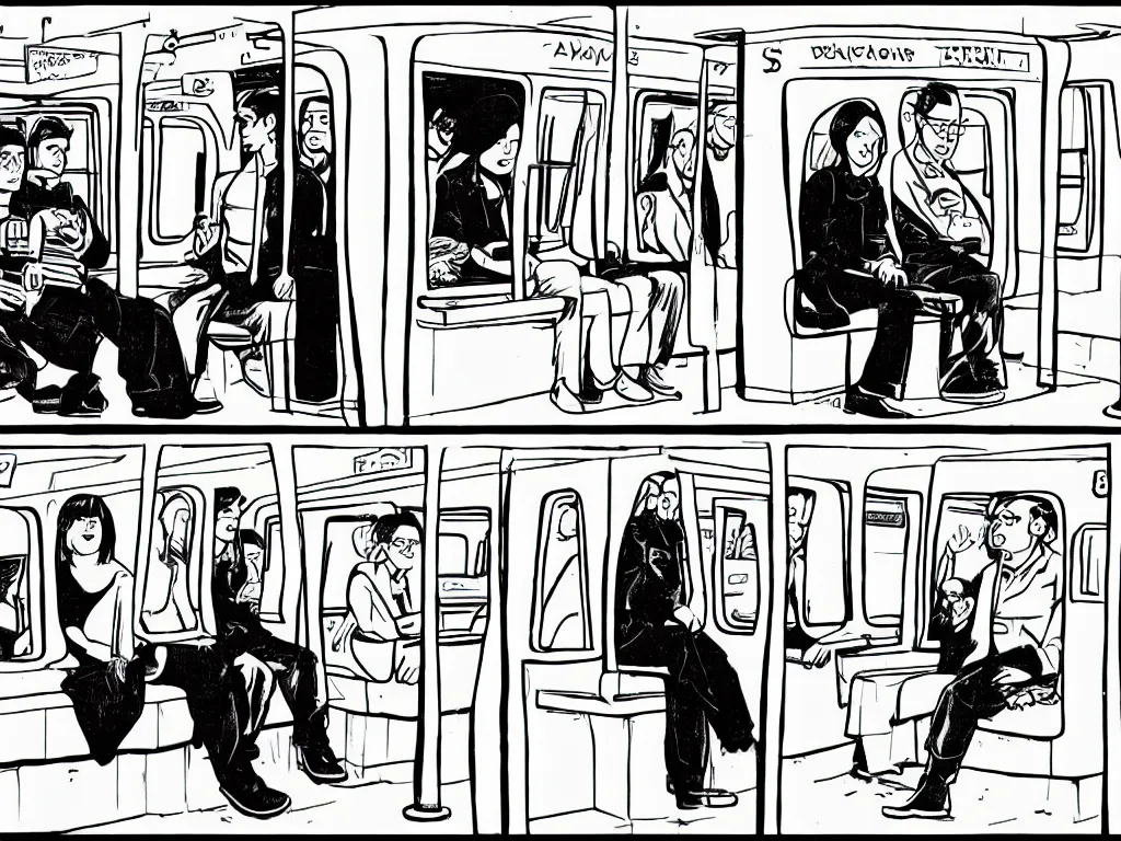 Prompt: a single comic panel by Daniel Clowes, 3/4 low angle view wide shot of two people sitting in an empty Chicago subway train, in front of windows: a sad Aubrey Plaza in a parka and a friendly Mads Mikkelsen in a suit