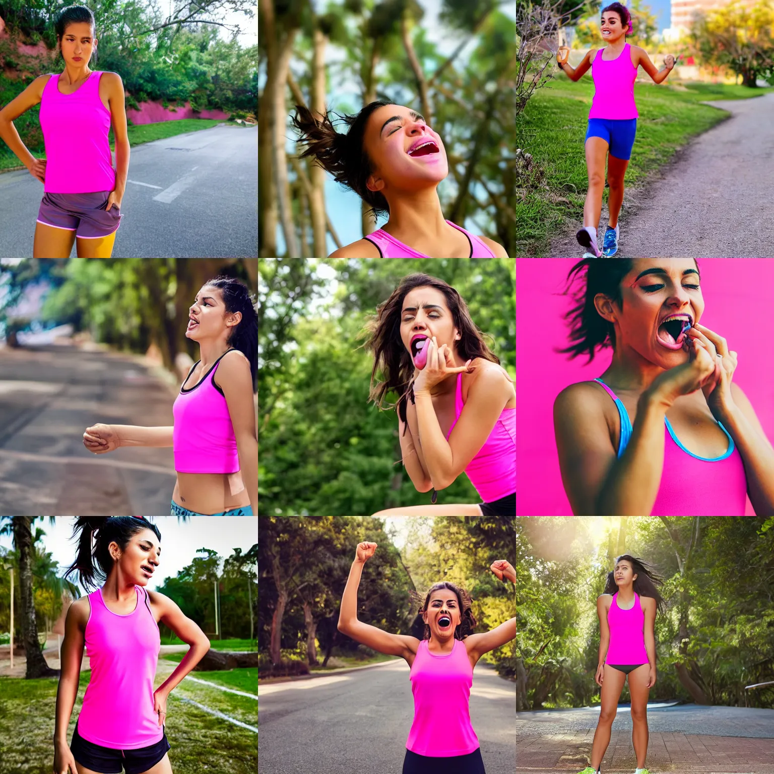 Prompt: “A photograph of an attractive sporty young Latina woman wearing a bright pink racerback tank top inhaling the fresh air deeply, mouth open wide, 4K, high quality.”