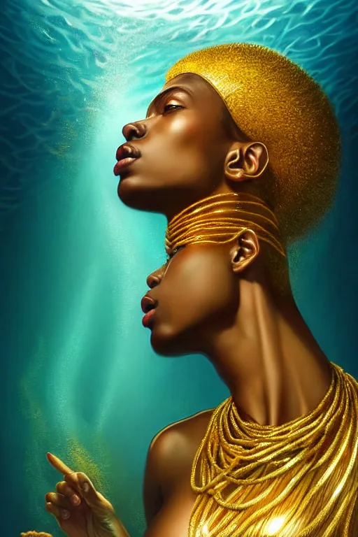 Image similar to hyperrealistic precisionist cinematic half underwater scene very expressive! translucent elegant african goddess full body, gold jewerly, highly detailed face, digital art masterpiece, aykut aydogdu eric zener, dramatic volumetric light, long shot, low angle uhd 8 k, sharp focus