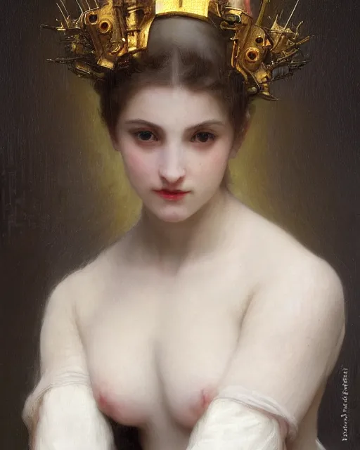 Image similar to 3 / 4 portrait photo by bouguereau of female dancer as a cyberpunk mecha humanoid robotic parts with bright led lights, wearing cyberpunk crown, inside white room, ultra - realistic and detailed, 8 k