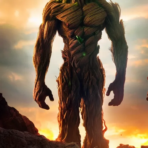 Image similar to first shot of the rock as groot in new guardians of the galaxy, ( eos 5 ds r, iso 1 0 0, f / 8, 1 / 1 2 5, 8 4 mm, postprocessed, crisp face, facial features )