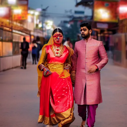 Image similar to a dramatic photograph of a person wearing traditional indian clothes, person wearing indian traditional clothes walking in a modern city, cinematic lighting