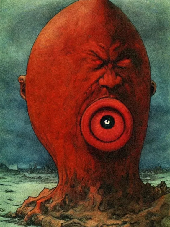 Prompt: one-eyed single-eyed red-skinned Cyclops Polyphemus concept art with one huge eye. Extremely high detail, details, realistic, solo, masterpiece, colorful, art by Arthur Rackham, Muzinabu, Johann Tischbein, Zdzisław Beksiński