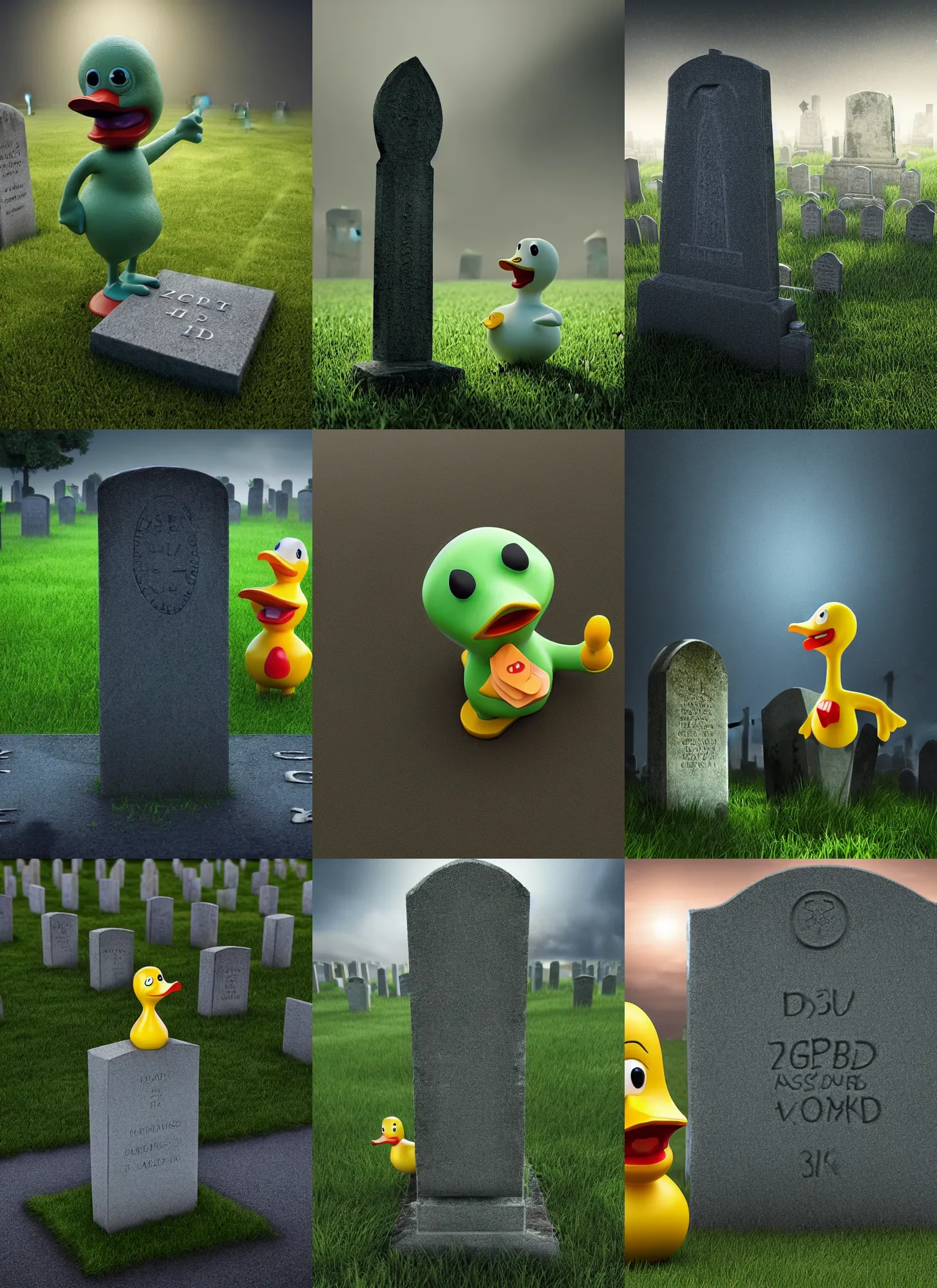 Prompt: high quality 3 d render hyperrealist, cartoon, rubber zombie duck, stands in a dark cemetery against a large gravestone. against the background of a dark mysterious sky, blue - green tones, soft outdoor light, low angle, uhd 8 k, sharp focus