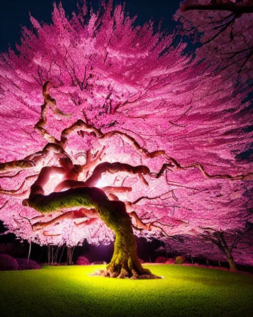 Image similar to highly detailed, stunning image of a heavenly miniuature diorama pink giants cherry blossom trees, stunning tree, ethereal, fairy lights, fireflies lightning glowing everywhere, divine bonsai, matte painting by Jordan Grimmer and Bosch