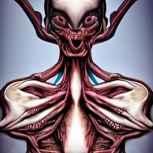 Image similar to a human animal hybrid, alien cyborg, body horror, morphing