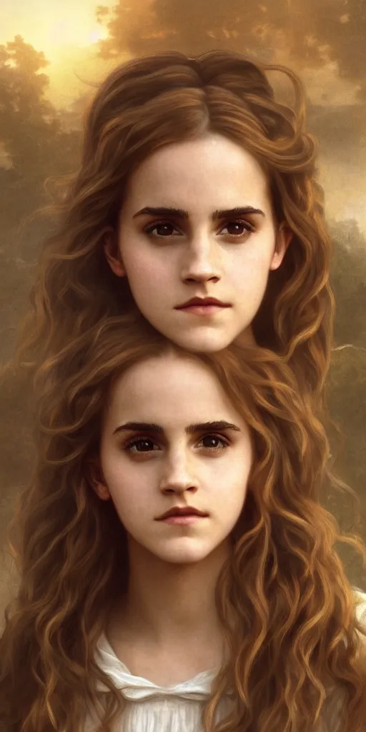 Image similar to photo photorealistic portrait photograph of Emma Watson as Hermione Granger. william adolphe bouguereau. During golden hour. soft light Extremely detailed. detailed photograph Beautiful. 4K. Award winning.