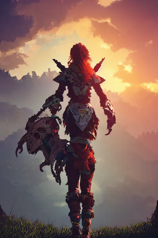 Image similar to combination suit armor aloy horizon forbidden west horizon zero dawn radiating a glowing aura global illumination ray tracing hdr fanart arstation by ian pesty and alena aenami artworks in 4 k tribal robot ninja mask helmet backpack