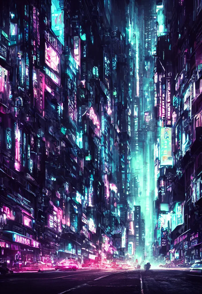 Image similar to concept art of a magnificent dark neon futuristic cyberpunk city bustling street at night cyberart in the style of liam wong, dramatic and moody, masterpiece, 8 k, high resolution, film grain