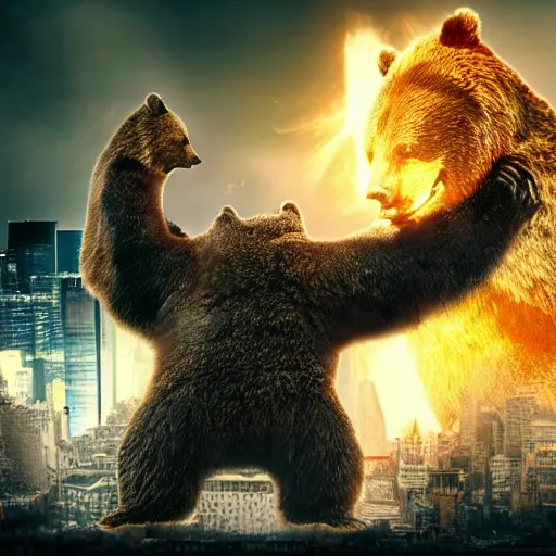 Image similar to a giant angry bear fighting with giant godzilla in the city, photomanipulation, photoshop, digital art, movie poster that says bear vs. godzilla