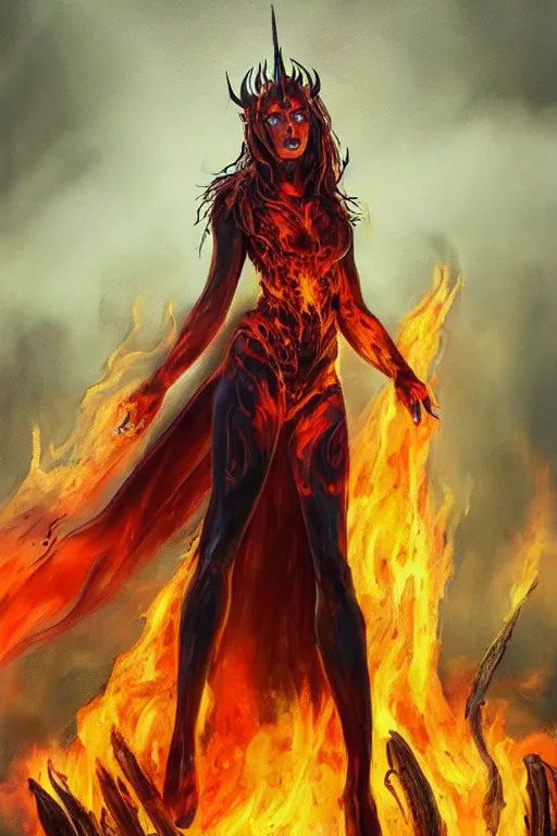 Image similar to a painting of beautiful full body concept art, ultra beautiful face, queen of hell wearing full fire clothing standing in a field