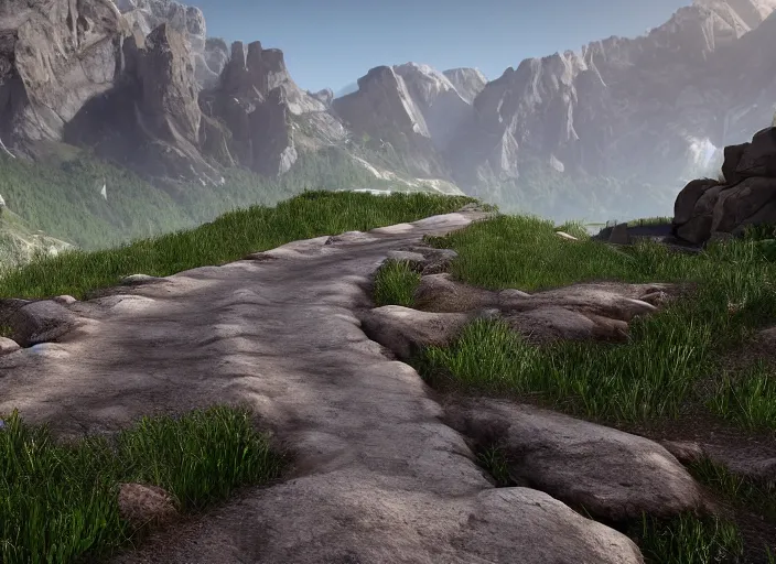 Prompt: pathway between two mountains both sides, rocks unreal engine render