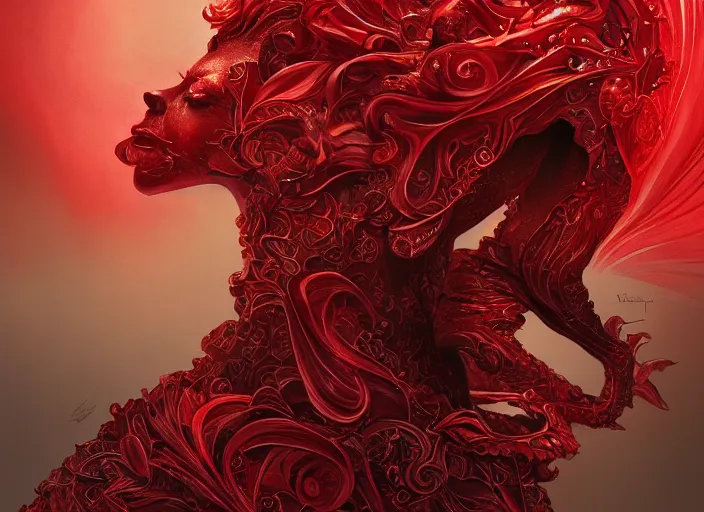 Prompt: woman in love sit upon a scarlet coloured beast, pain, royal dress, light effect, hyper detailed, intricate, elegant, highly detailed, digital painting, artstation, concept art, matte, sharp focus, illustration, by james jean, andrei riabovitchev, marc simonetti, yoshitaka amano