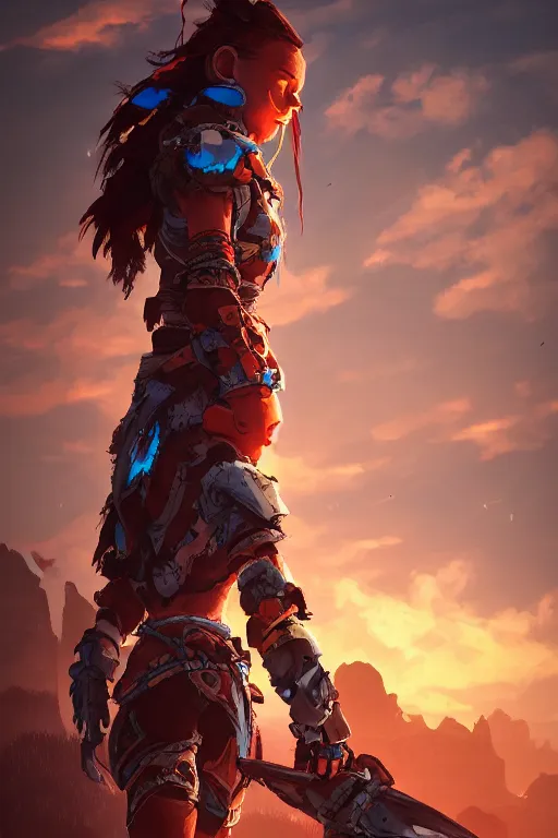 Image similar to combination suit armor aloy horizon forbidden west horizon zero dawn radiating a glowing aura global illumination ray tracing hdr fanart arstation by ian pesty and alena aenami artworks in 4 k tribal robot ninja mask helmet backpack