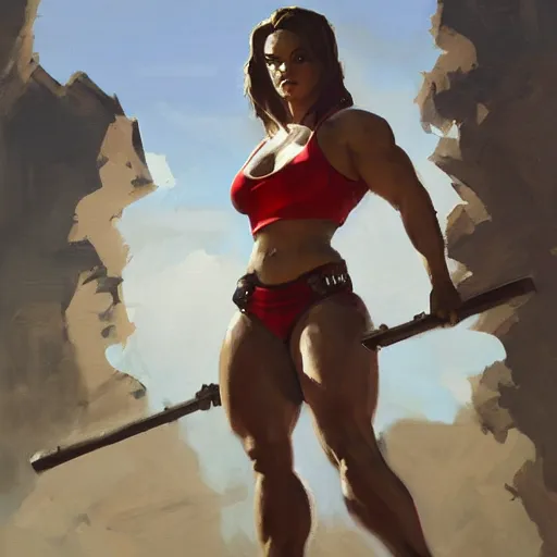 Image similar to greg manchess portrait of margot robbie as thick female bodybuilder lara croft wearing red armour in disco elysium, epic grimdark, fantasy, medium shot, asymmetrical, profile picture, organic painting, sunny day, matte painting, bold shapes, hard edges, street art, trending on artstation, by huang guangjian and gil elvgren and sachin teng