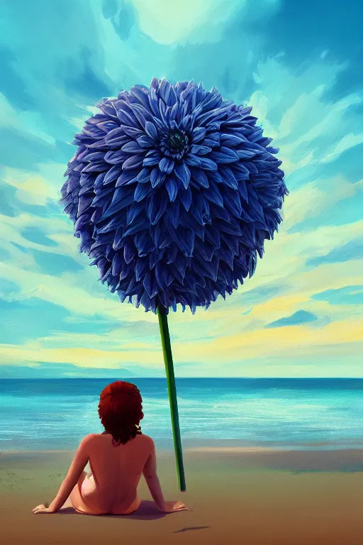 Prompt: closeup giant dahlia flower head, girl laying on beach, surreal photography, blue sky, sunrise, dramatic light, impressionist painting, digital painting, artstation, simon stalenhag