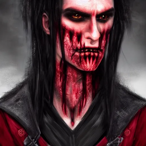Image similar to a vampire, male, mid - 3 0 s aged, long black hair, clean shaven, in red and black, high fantasy, realistic, highly detailed, concept art, 8 k.