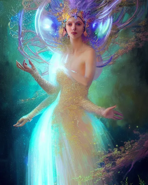 Image similar to Full View Portrait Mystical ethereal discoball deity wearing beautiful dress, disco ball Dryad beautiful dress, 4k digital masterpiece by Greg Rutkowski and Ruan Jia and rossdraws, Alberto Seveso, fantasycore, Hyperdetailed, realistic oil on linen, soft lighting, Iconography background, featured on Artstation