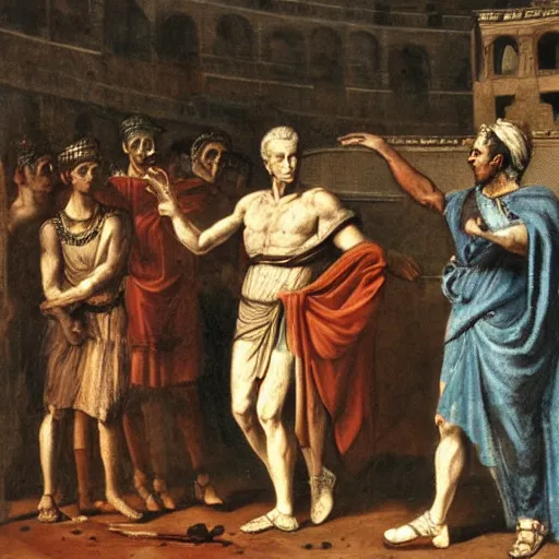 Prompt: Painting of Julius Caesar infront of the Roman colosseum, exotic