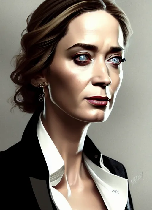 Image similar to portrait of emily blunt with reptile eyes as business woman, black suit, white shirt, black tie, intricate, headshot, highly detailed, digital painting, artstation, concept art, sharp focus, cinematic lighting, illustration, art by artgerm and greg rutkowski, alphonse mucha, cgsociety