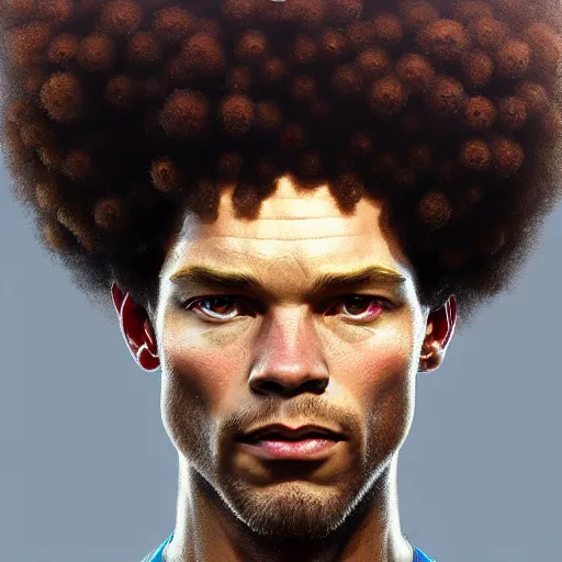 Image similar to Erik Ten Hag with an afro, Ajax coach, closeup, D&D, fantasy, intricate, elegant, highly detailed, digital painting, artstation, concept art, matte, sharp focus, illustration, art by Artgerm and Greg Rutkowski and Alphonse Mucha