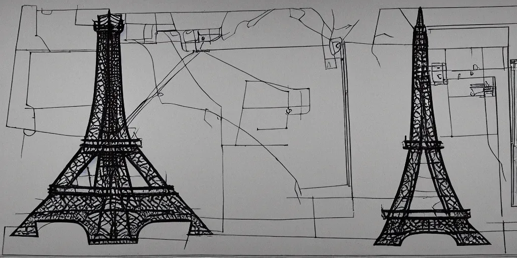 Image similar to architectural schematics of Eiffel Tower, drawn by Ed Wood Jr, in the style of Bauhaus