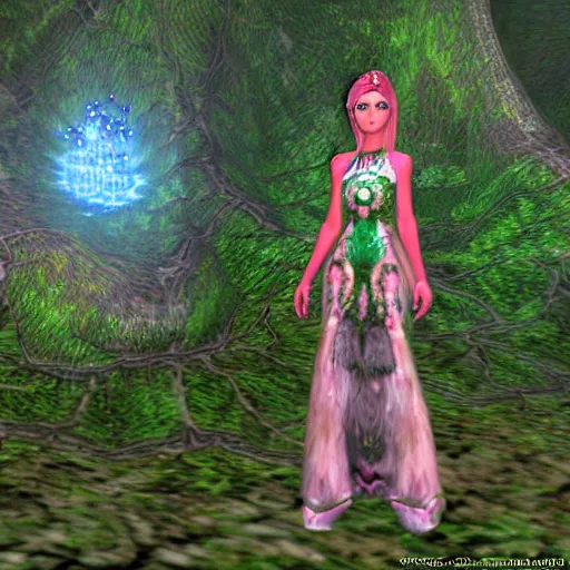 Image similar to cute female forest spirit wearing ornate floral cybernetic mughal valentino resort dress in a 3 d psx ps 2 jrpg style, esoteric scifi magical alien ruins ritual environment, fashion gameplay screenshot, highly detailed, atelier, xenogears