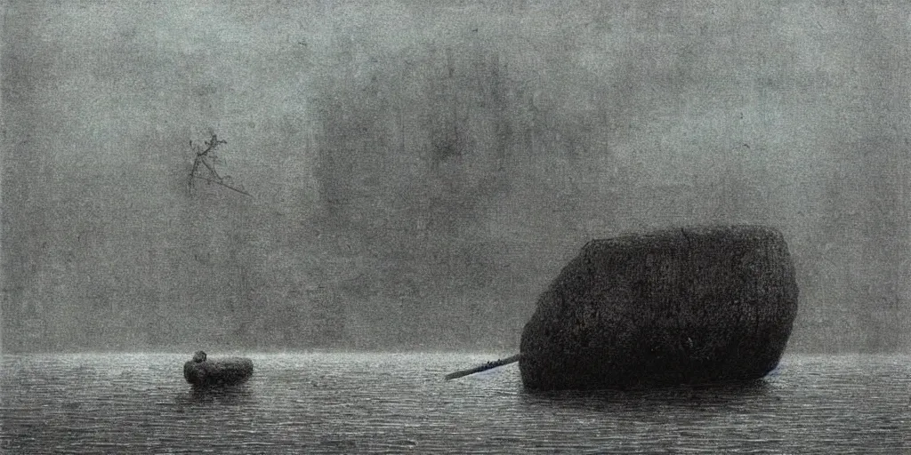 Prompt: “ the ferryman of hades charon, giant crt monitors sinking into the water, beksinski ”