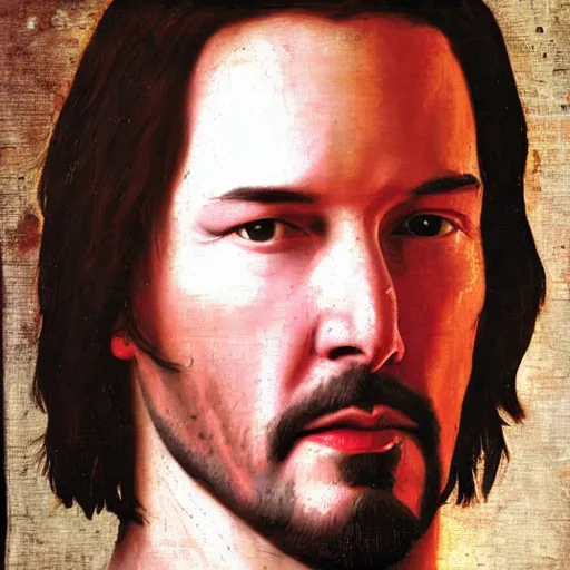 Image similar to a renaissance style portrait painting of Keanu Reeves