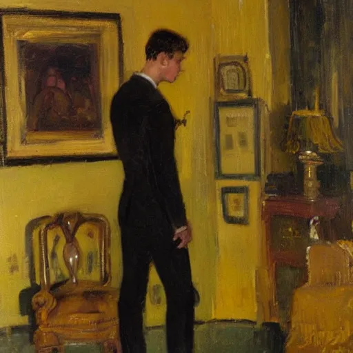 Image similar to man in yellow room, black suit, dean cornwell style