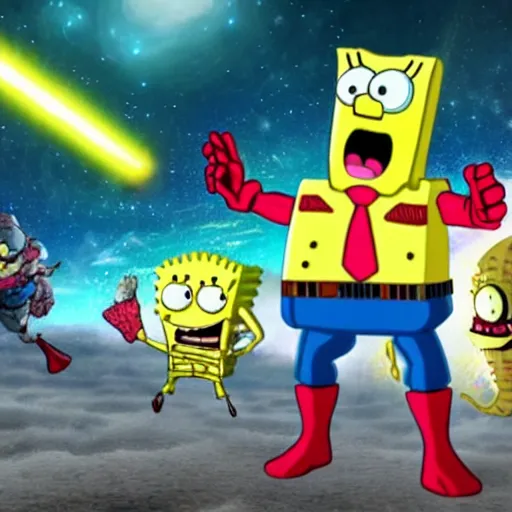 Image similar to the avengers battle spongebob squarepants in space, galaxy, hd, explosions, gunfire, lasers, spatula, giant, epic, showdown, colorful, realistic photo, unreal engine, movie, stars, deep space
