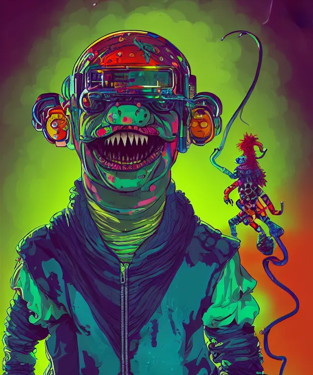 Prompt: a portrait of an iguana wearing a clown outfit, cyberpunk!, fantasy, elegant, digital painting, artstation, concept art, matte, sharp focus, illustration, art by josan gonzalez