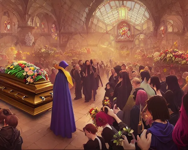 Prompt: a funeral with coffin, flowers and mourners inside a supermarket, photography of kurzgesagt, deep focus, d & d, fantasy, intricate, elegant, highly detailed, digital painting, artstation, concept art, matte, sharp focus, illustration, hearthstone, art by artgerm and greg rutkowski and alphonse mucha