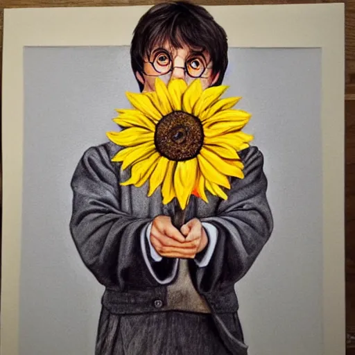 Prompt: hyperrealism portrait harry potter holding a sunflower