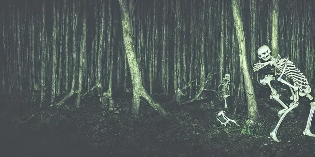 Prompt: realistic skeletons hugging each other in fear for their lives, dimly lit dark forest at night with bioluminescent foliage and creatures, wide angle view, photorealistic amateur photograph