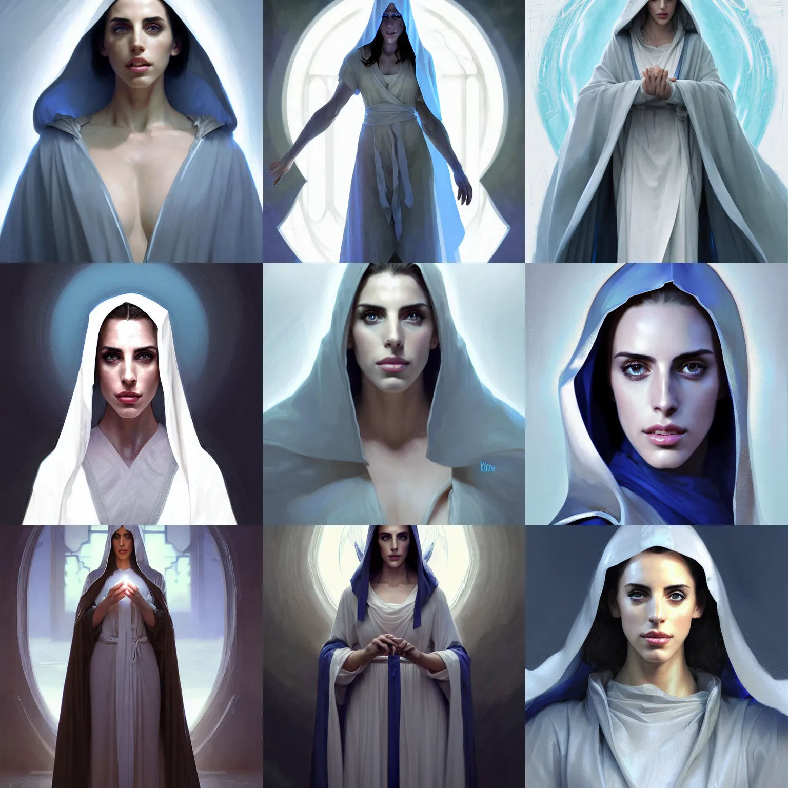 Prompt: character concept portrait, centralized, jessica lowndes as a cleric in silver robes, shirt, dress, hood, glowing blue eyes, white holy aura, style digital painting, concept art, smooth, sharp focus, illustration, from metal gear, by ruan jia and mandy jurgens and william - adolphe bouguereau, artgerm