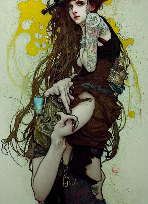 Image similar to highly detailed portrait of a moody sewerpunk young adult lady with a harris tweed holdy by krenz cushart, by artem demura, by alphonse mucha, by kaethe butcher, gradient yellow, black, brown and cyan color scheme, grunge aesthetic!!! ( ( graffiti tag city background ) )