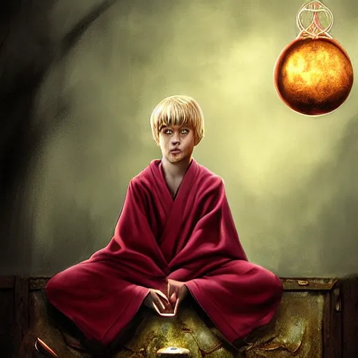 Image similar to Portrait of a 12 year old white boy with blond medium length hair, sitting cross-legged, wearing red sorcerer's robes, holding a crystal ball in his hands and gazing into it, inside of a cabin, Dungeon's & Dragons, digital illustration, deviantart, matte fantasy painting, by Jason Felix by Steve Argyle by Tyler Jacobson by Peter Mohrbacher