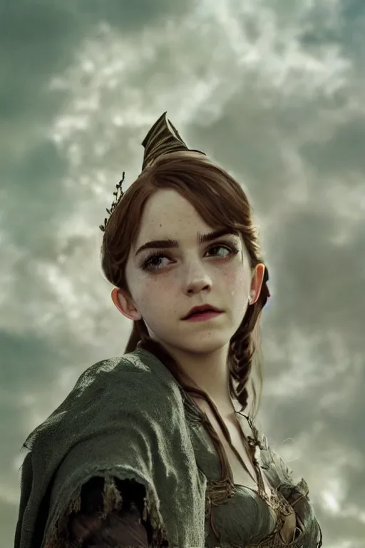 Prompt: a mix of of emma watson, anya taylor - joy and emma stone, sorceress elf, lord of the rings, movie still, hyperrealism, octane render, extremely detailed, intricate smoke magic, lace, style of mark ryden, earl nore, hyung tae, frank frazetta